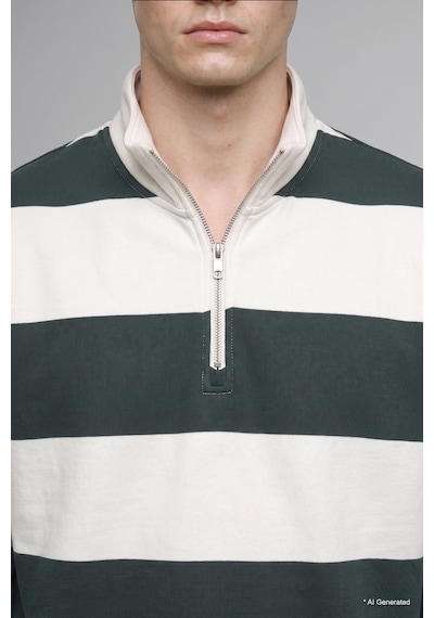 Defacto Boxy Fit Dik Yaka Yarım Fermuarlı Çizgili Sweatshirt C7045ax26augn498 Yeşil-gn498