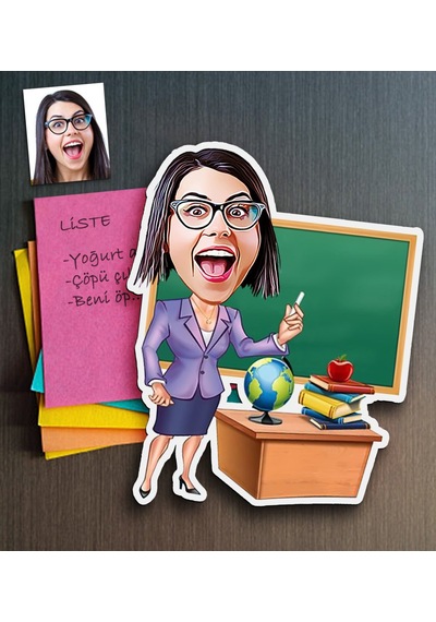 Kişiye Özel Bayan Öğretmen Karikatürlü Ahşap Magnet-1 Çok Renkli