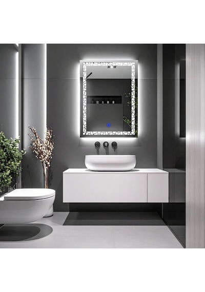 Gleamira Vertical Beyaz Led'li Lazer Kumlamalı Lavabo & Banyo Aynası Dokunmatik Sensörlü 100 X 75 Cm