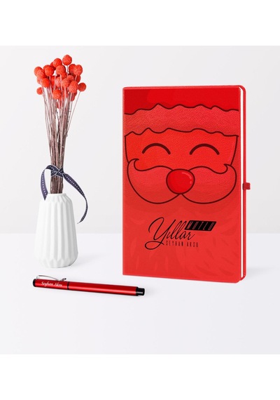 Kişiye Özel Yılbaşı Noel Baba Temalı Kırmızı Defter Kalem Seti - 6