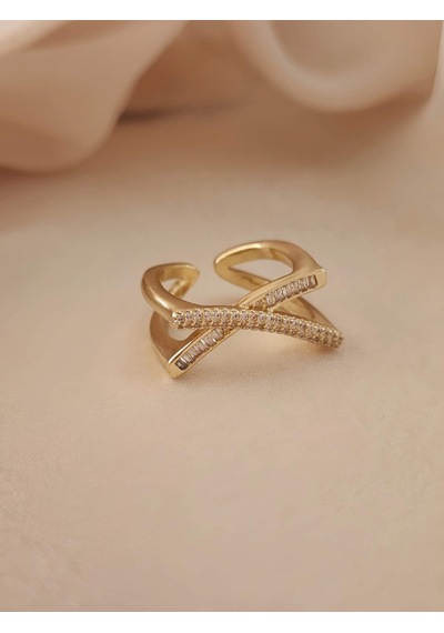 Çarpı X Asimetrik Model Zirkon Taşlı Ayarlanabilir Gold Altın Renkli Yüzük Gold