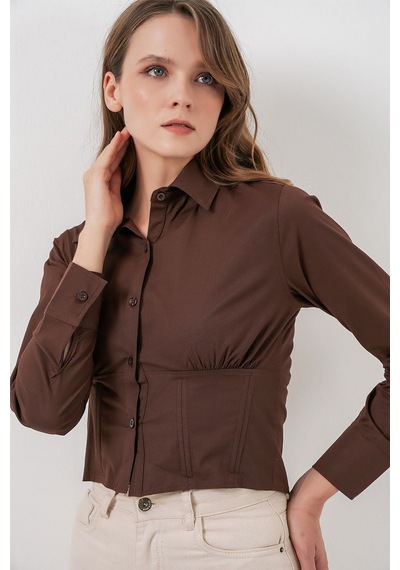 Hiccup Bdart Fitted Poplin Düğmeli Kısa Gömlek Mocha Kahvesi