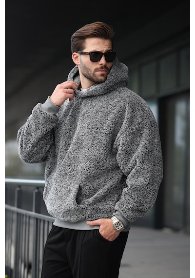 Madmext Gri Peluş Kapüşonlu Erkek Sweatshirt 6050 Gri