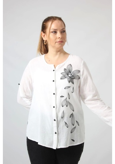 Moda Berray 3293 Beyaz Çiçek Baskılı Organik Keten Kumaş Mevsimlik Gömlek Beyaz