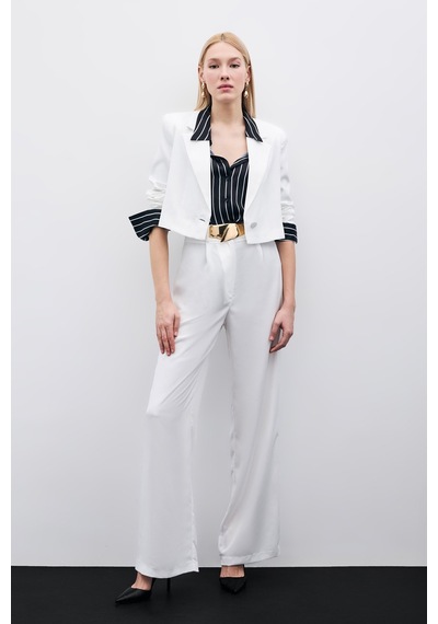 Sateen Pileli Krep Pantolon - Ekru-133390 Ekru