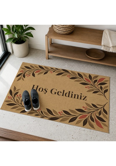 Kartela Halı Hoş Geldiniz Yazılı Yaprak Desenli Kapı Paspası Koko Kaymaz Kauçuk Taban 40x60 Cm