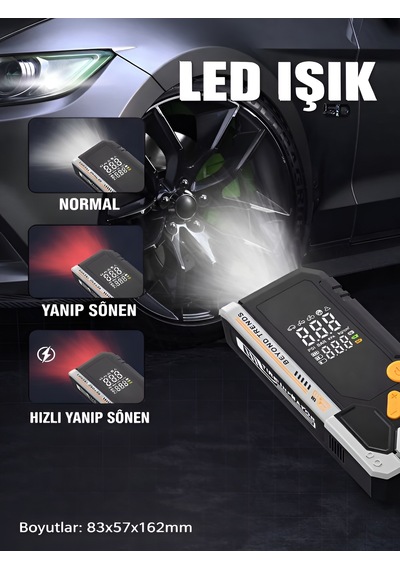 10000mah Akü Takviyeli Hava Pompası Kompresör Powerbank 150 Psı Led Fener Akıllı Basınç Siyah - Abs+