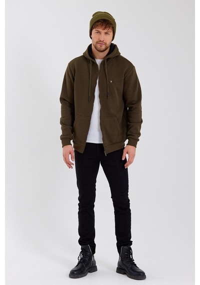 Polostate Erkek Fermuarlı Kanguru Cep 3 İplik Sweatshirt Haki