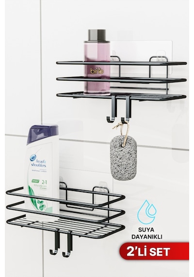 Bino 2li Set Banyo Düzenleyici Şampuanlık Mat Siyah Yapışkanlı 4 Askılı Duş Rafı Paslanmaz Organizer Siyah