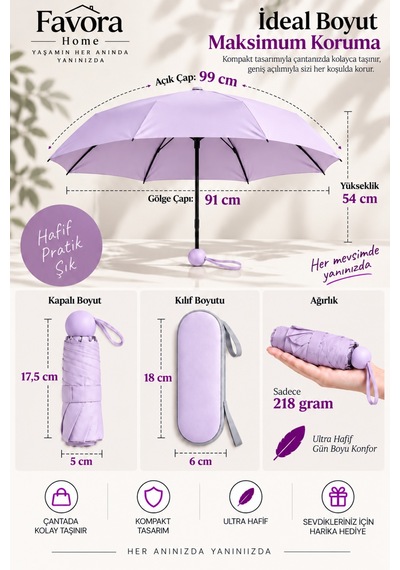 Favora Rainbox Kapsül Şemsiye - Kutulu Mini Katlanır Çanta Boy Şemsiye Lila