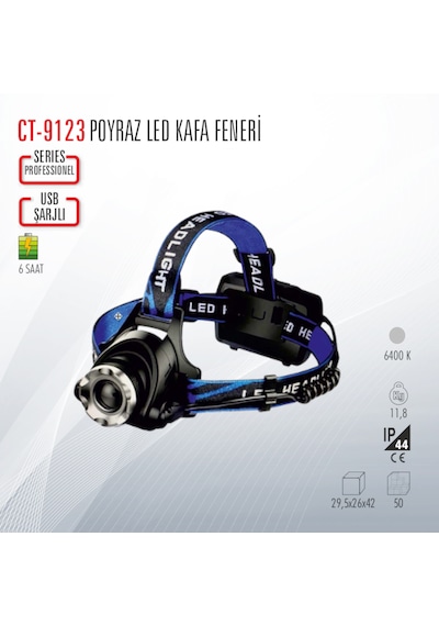 Cata Ct-9123 Poyraz Led Kafa Feneri Şarjlı Mavi - Siyah