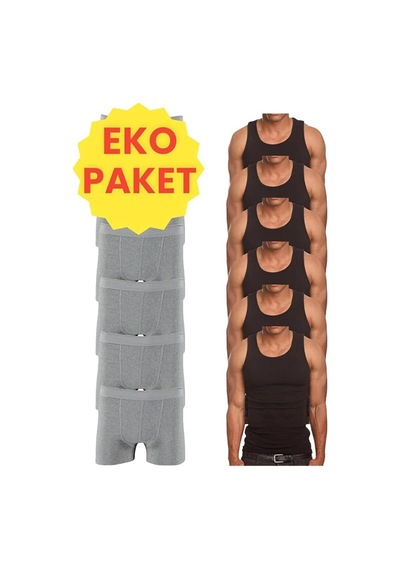Mood Agenda Erkek Eko Set 6 Adet Atlet 6 Adet Boxer Siyah Gri Gri - Siyah
