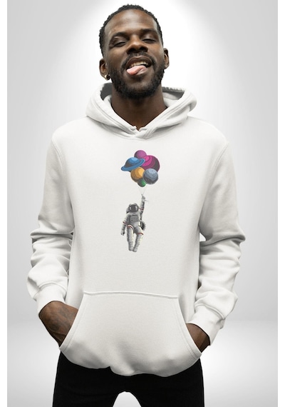 Gezegenler Balon Astronot Yükselişi Kadın Erkek Beyaz Kapüşonlu Sweatshirt Hoodie Beyaz