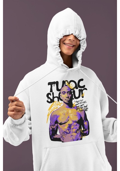 Sevbano Tasarım Tupac Rapper Baskılı Unisex Oversize 2pac Şarkıcı Hoodie beyaz