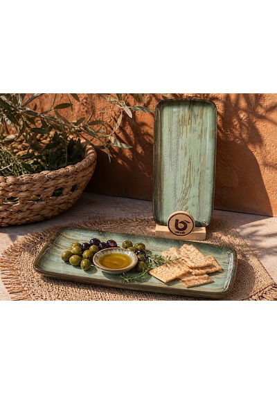 2 Li Büyük Dikdörtgen Tabak / Servis / Sunum / Meze Tabağı 34x16 Cm Bonna Madera Mint Moove Platter