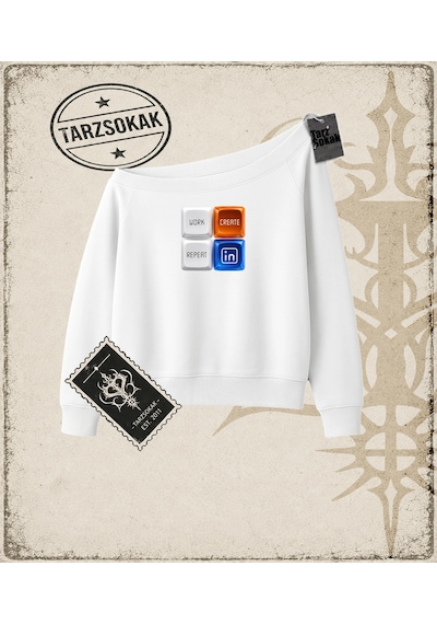 Tarzsokak Gotik & Grunge Streetwear Keycap 4 Kayık Yaka Sweatshirt Beyaz
