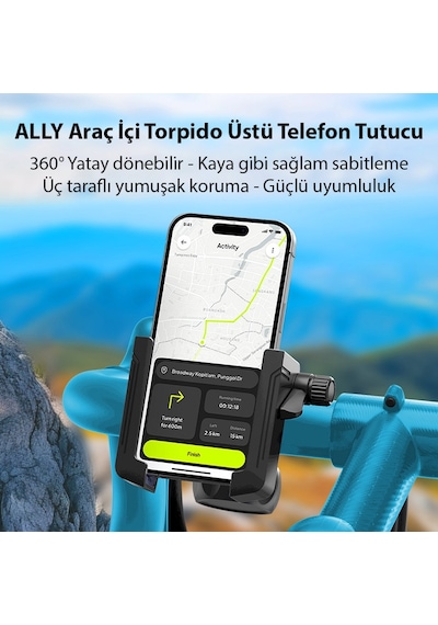 Ally Motosiklet Bisiklet Scooter İçin 360 Derece Dönebilen Gidon Bağlantılı Telefon Tutucu Siyah