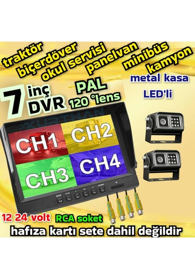 2 Adet Metal Kasa Ledli Kamera Ve 7 İnç Dvr Monitör Seti 12 - 24 V 256 Gb