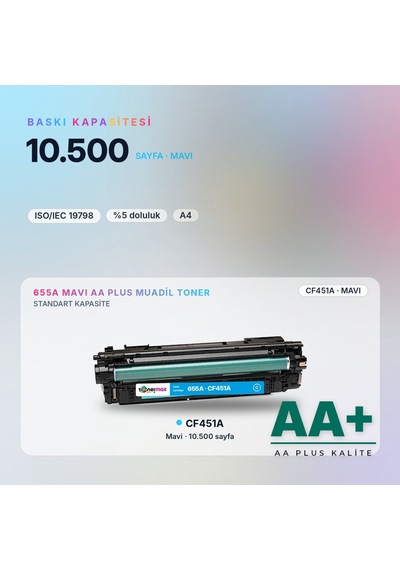 Hp 655a Cf451a Mavi Uyumlu Toner Aa Plus / Color Laserjet Enterprise M652 / M653 / Mfp M681 / M682