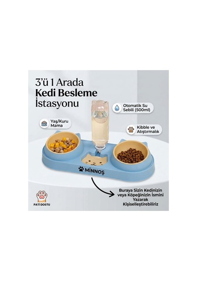 Mavi Kedi Köpek Mama Ve Su Kabı Seti Otomatik Su Hazneli Çift Mama Kabı 42x16,5 Cm