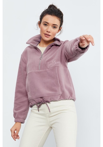 Tommy Life Gül Kurusu Yarım Fermuar Etek Ucu Büzgülü Kadın Polar Oversize Sweatshirt - 97171 Gülkurusu