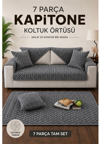 7 Parça Kaymaz Taban Kapitone Koltuk Örtüsü Takımı Çekyat Kanepe Seti Füme Füme