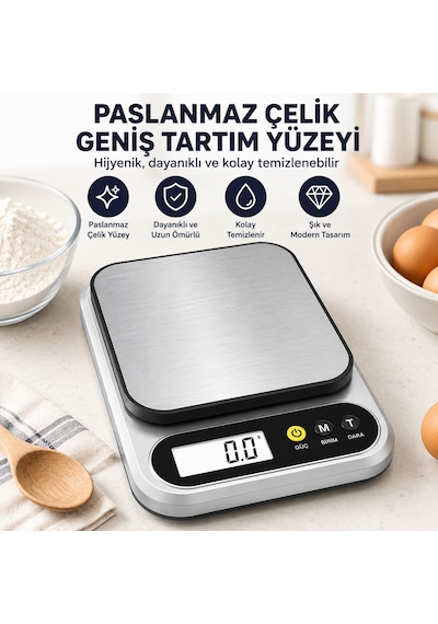 Nvg Dijital Mutfak Terazisi 10 Kg Yüksek Kapasite Hassas Ölçüm Gram Ons Ölçer 0,1g 1g Hassasiyet Tare Dara Fonksiyonlu Gümüş
