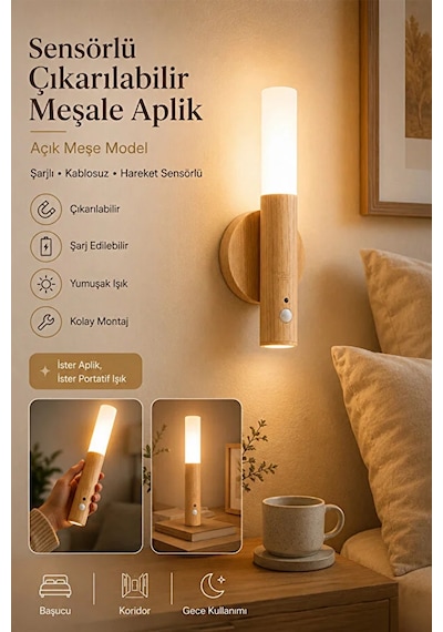 Sensörlü Şarjlı Meşale Aplik Kablosuz Led Duvar Lambası Çıkarılabilir Dekoratif Gece Işığı Wb-3022 Bej