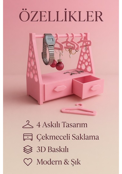 Çekmeceli Takı Organizer Standı Kolye, Küpe, Saat Ve Yüzük Düzenleyici Pembe