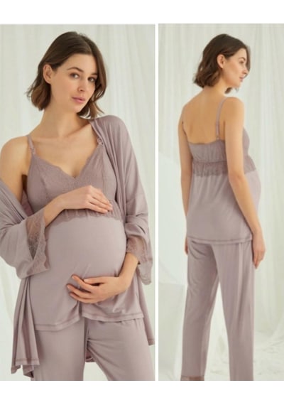 Birolgaye 1767 Pudra Modal Penye Hamile Lohusa 3 Lü Pijama Sabahlık Tk