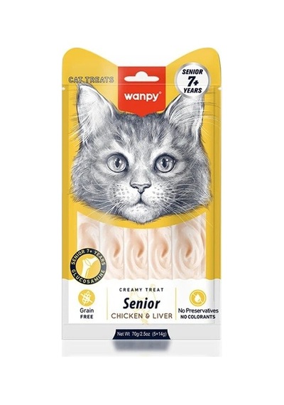 Wanpy Senior Tavuklu & Ciğerli 7+ Yaşlı Sıvı Kedi Ödül Maması 5x14 Gr