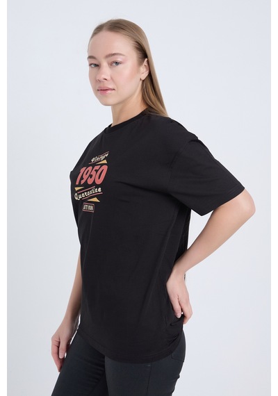 Kadın Oversize Baskılı T-shirt Siyah Vintage 1950 SIYAH
