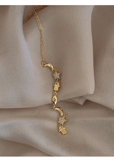 Manifest Y Dikey Sembollü Hamsa Ay Yıldız Figürlü Kolye Gold