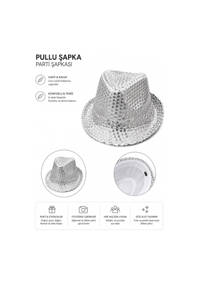 Pullu Lüks Gümüş Silver Fötr Parti Şapkası 58 Cm Baş Çevresi Yılbaşı Doğum Günü
