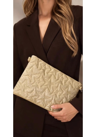 Yş Collectıon Gold Simli Yıldız Desenli Kadın El Çantası Zincir Askılı Portföy Clutch Çanta Altın