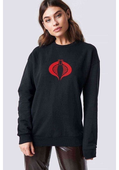 Kobra Kırmızı Baskılı Siyah Kadın Sweatshirt