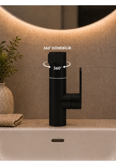 Modern Silva Lavabo Bataryası Siyah 360 Derece Döner Borulu Lavabo Musluğu Çift Su Girişli Batarya