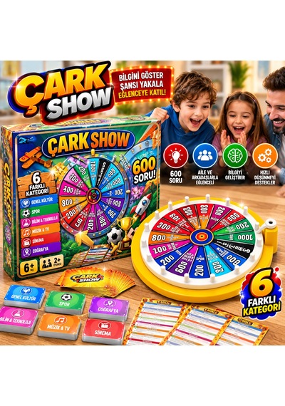 Çark Show Bilgi Yarışması Oyunu 600 Soruluk 6 Kategorili Eğlenceli Aile Oyunu 6+ Yaş