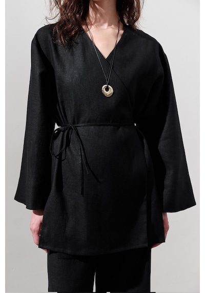 Manuka Keten Kruvaze Kapama Kimono Siyah Siyah