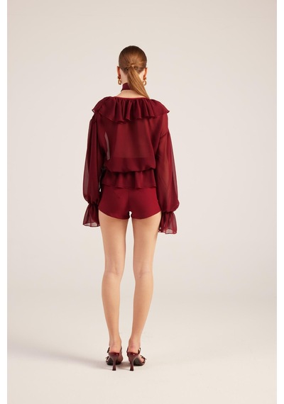 Holly Lolly Fırfırlı Güllü Choker Aksesuarlı Şifon Sassy Gömlek Bordo