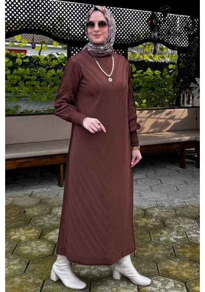 Rabia Şamlı Yağmur Triko Elbise Kahve Normal