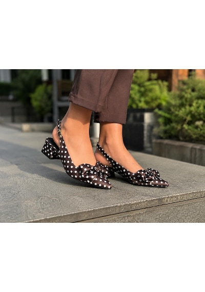 Asmi Shoes Kadın Mina Kahve Saten Puantiyeli Fiyonk Detaylı Arkası Açık 4 Cm Topuklu Ayakkabı