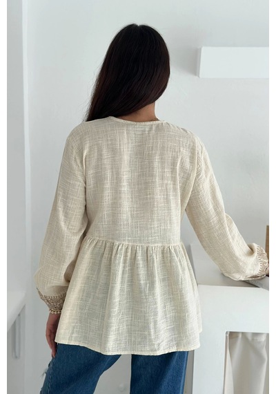 Asprin Fashion Etnik Desenli Bağlamalı Bluz Krem Asprin Fashion Etnik Desenli Bağlamalı Bluz Krem