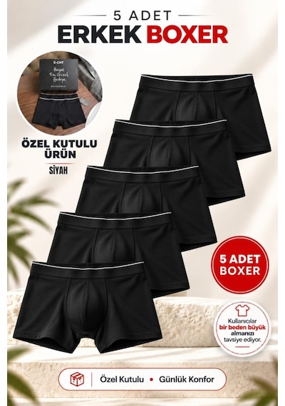 Trendybee Erkek Slim Fit Siyah Boxer 5 Adet Paket Likralı Rahat Kesim Özel Kutulu