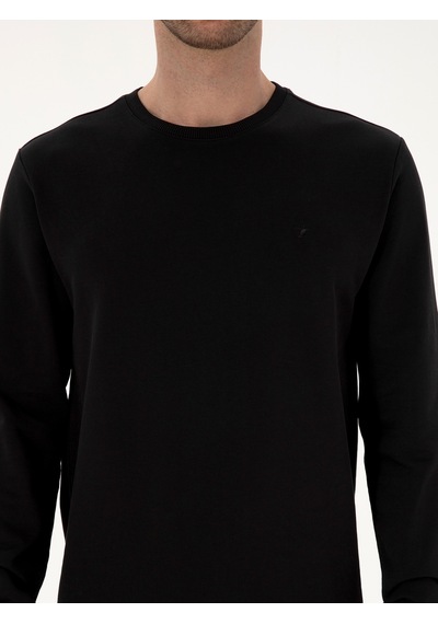 Siyah Regular Fit %100 Pamuk 3 İplik Bisiklet Yaka Sweatshirt