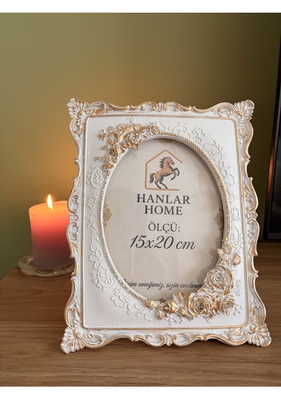 Güllü Barok Dikdörtgen Fotoğraf Çerçevesi Beyaz & Eskitme Altın 15x20 Cm