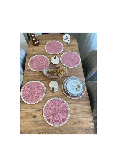 Jüt Hasır Amerikan Servis Supla Bardak Altı Ve Sepet 13 Parça Pembe Krem Pembe Krem