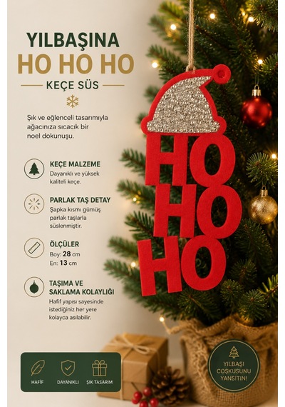 Ho Ho Ho Yılbaşı Kapı & Ağaç Süsü Kırmızı Keçe, Gümüş Taşlı Kırmızı