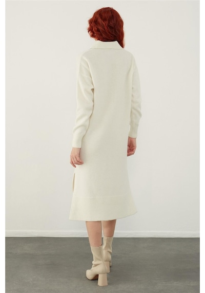 Sherin Ekru Polo Yaka Basic Midi Triko Elbise-ekru