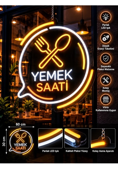 Yemek Saati Led Neon Tabela 60x30 Cm Restoran Kafe Vitrin Dekorasyonu